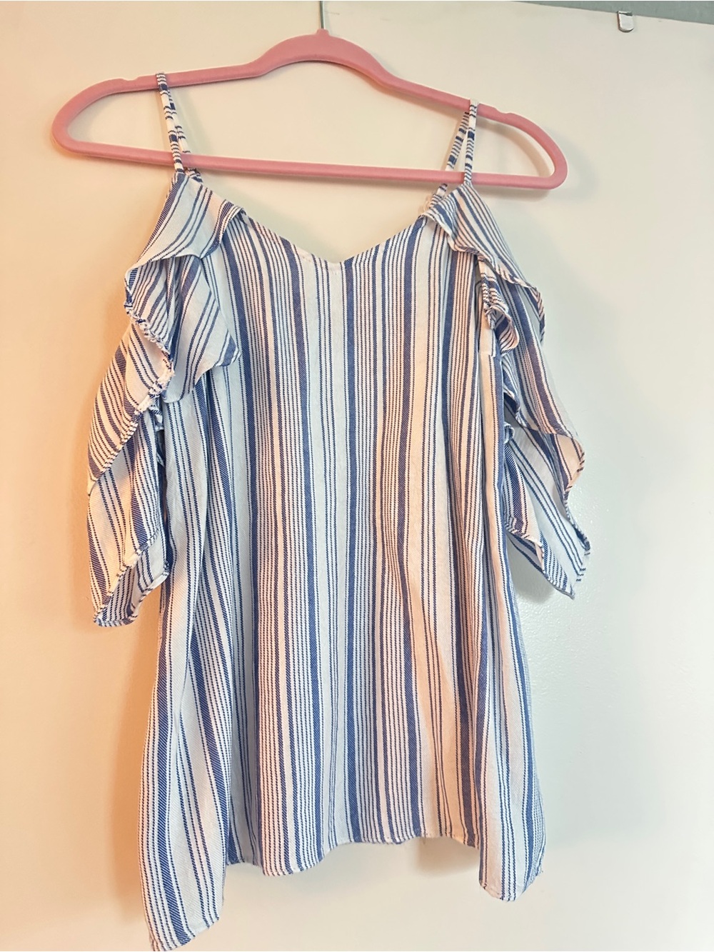 Blue & White Striped Cold-Shoulder Blouse with Ruffle Sleeves